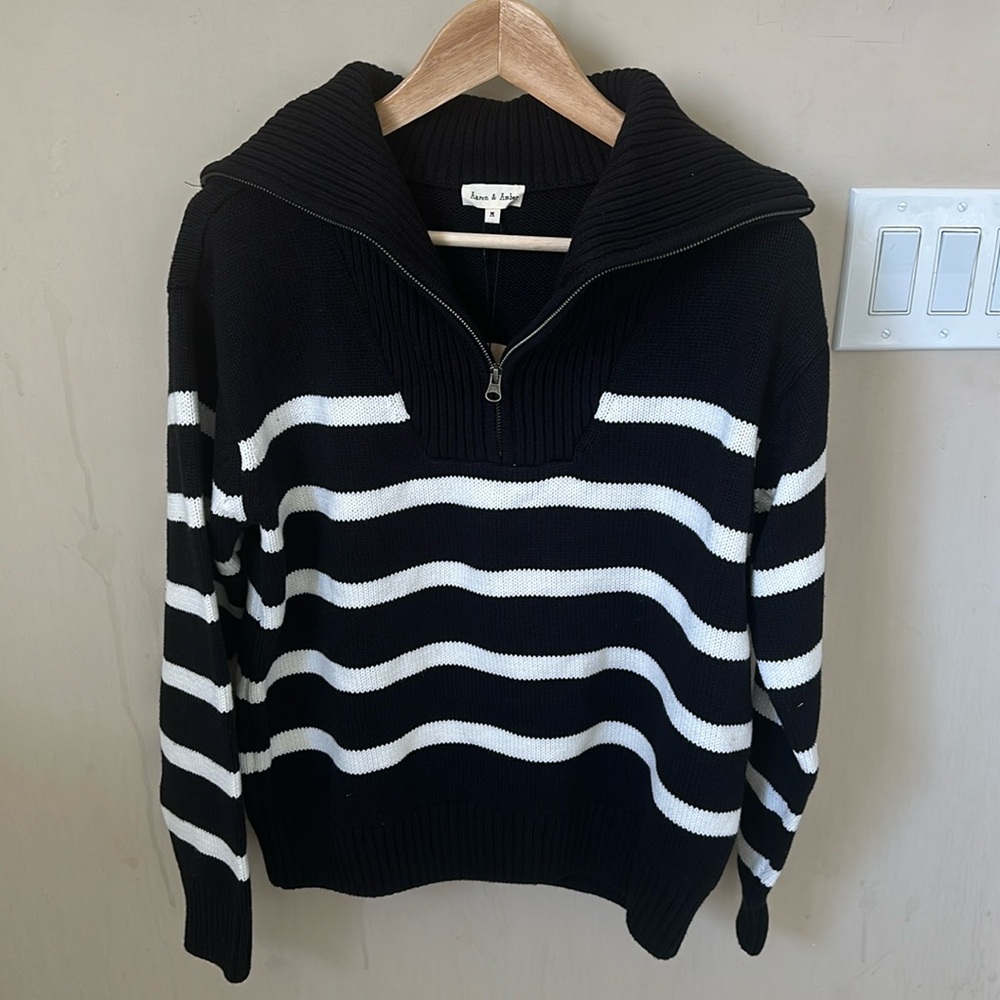 Black and ivory striped zip up collar pullover sweater Vici Collection